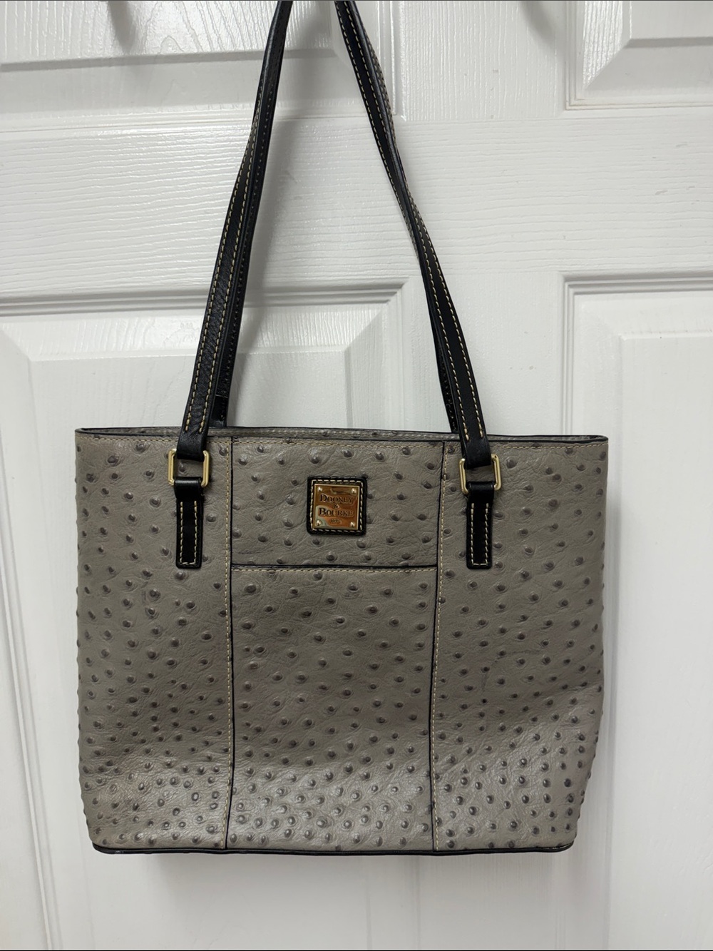 Dooney & Bourke Gray Ostrich-Embossed Tote with Black Straps